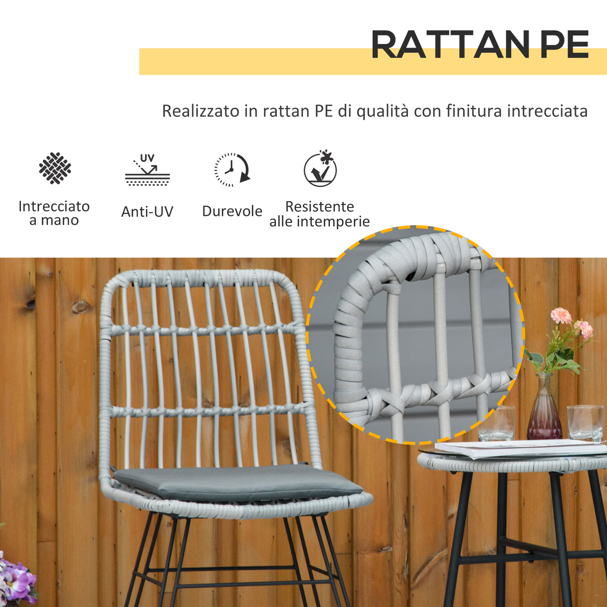 easycomfort set mobili da giardino 3 pezzi con tavolino e sedie in rattan pe poilestere e acciaio per esterni grigio