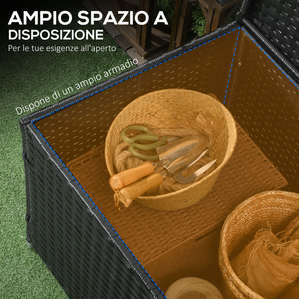 easycomfort baule da giardino in rattan e acciaio con coperchio 95x60x53cm nero