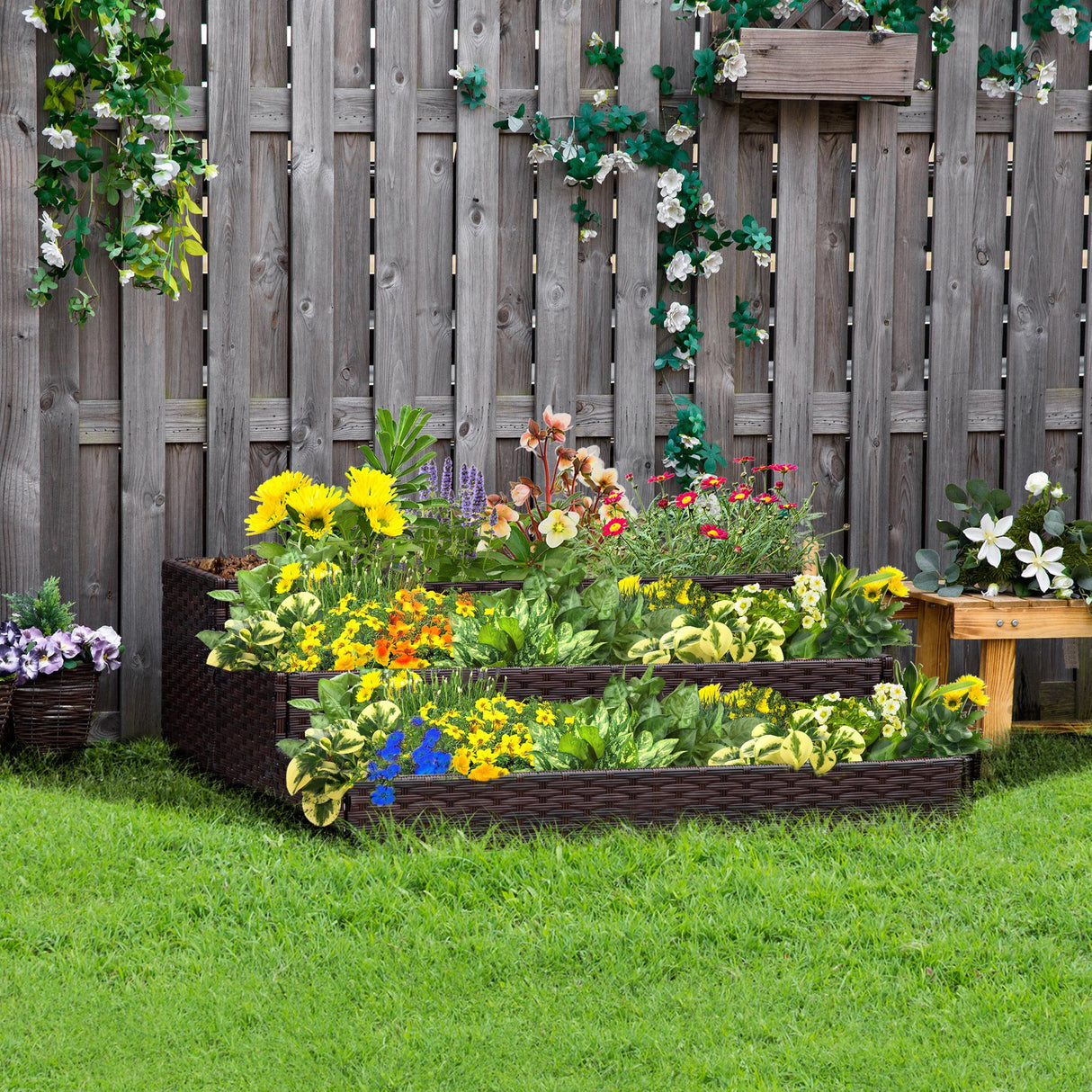 easycomfort easycomfort orto rialzato a 3 livelli in rattan sintetico senza fondo per piante e verdure 120x120x40cm grigio