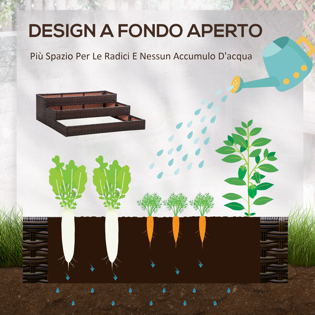 easycomfort easycomfort orto rialzato a 3 livelli in rattan sintetico senza fondo per piante e verdure 120x120x40cm grigio