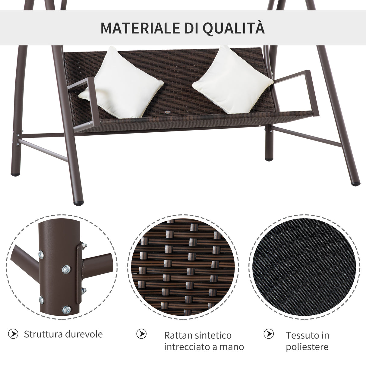 easycomfort dondolo da giardino 3 posti in rattan pe e metallo con tettuccio e cuscini sfoderabili 198x124x179cm marrone 33105