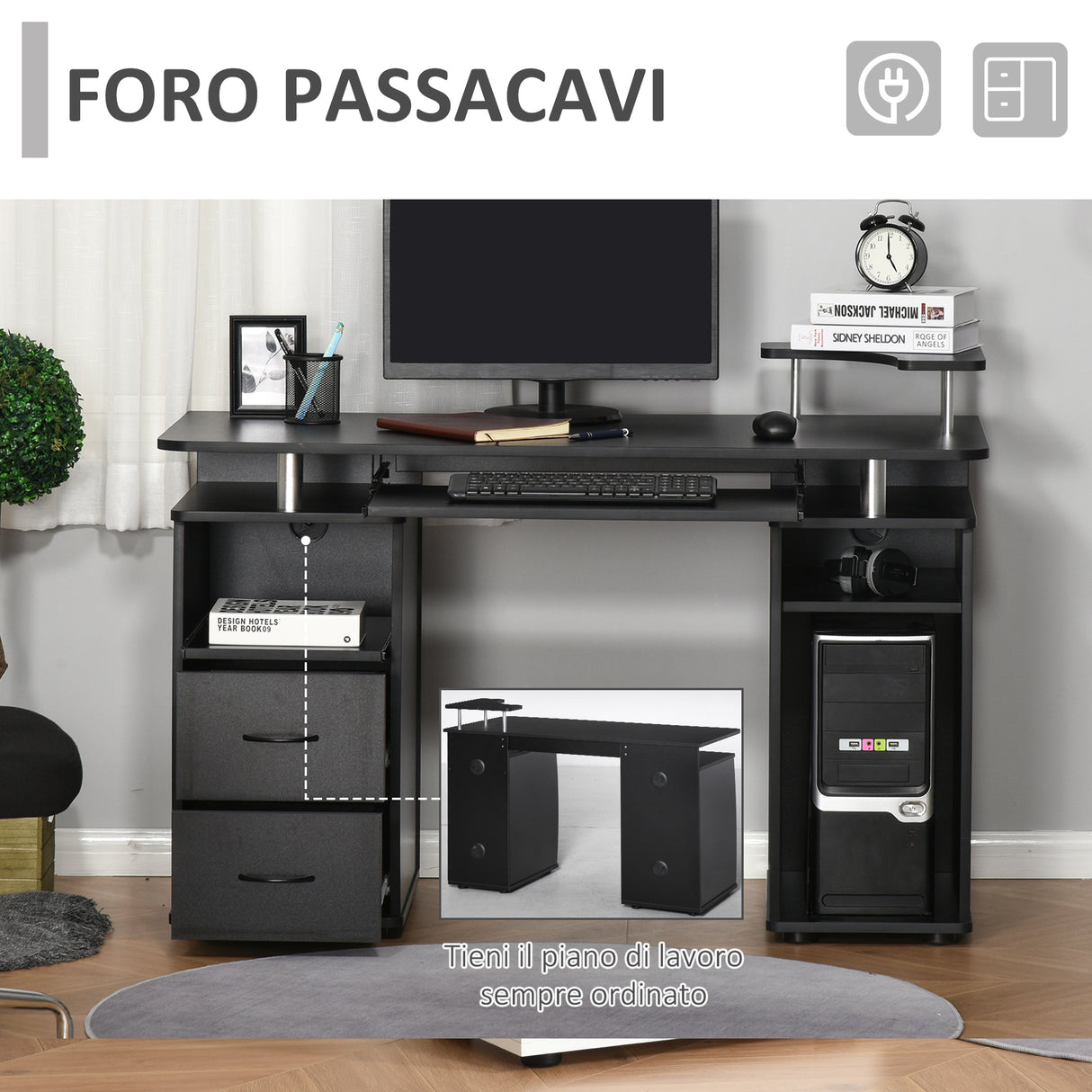 easycomfort easycomfort scrivania per computer moderna porta pc scrivania da ufficio in legno con cassetti mensola estraibile e porta tastiera 120x55x85cm nero