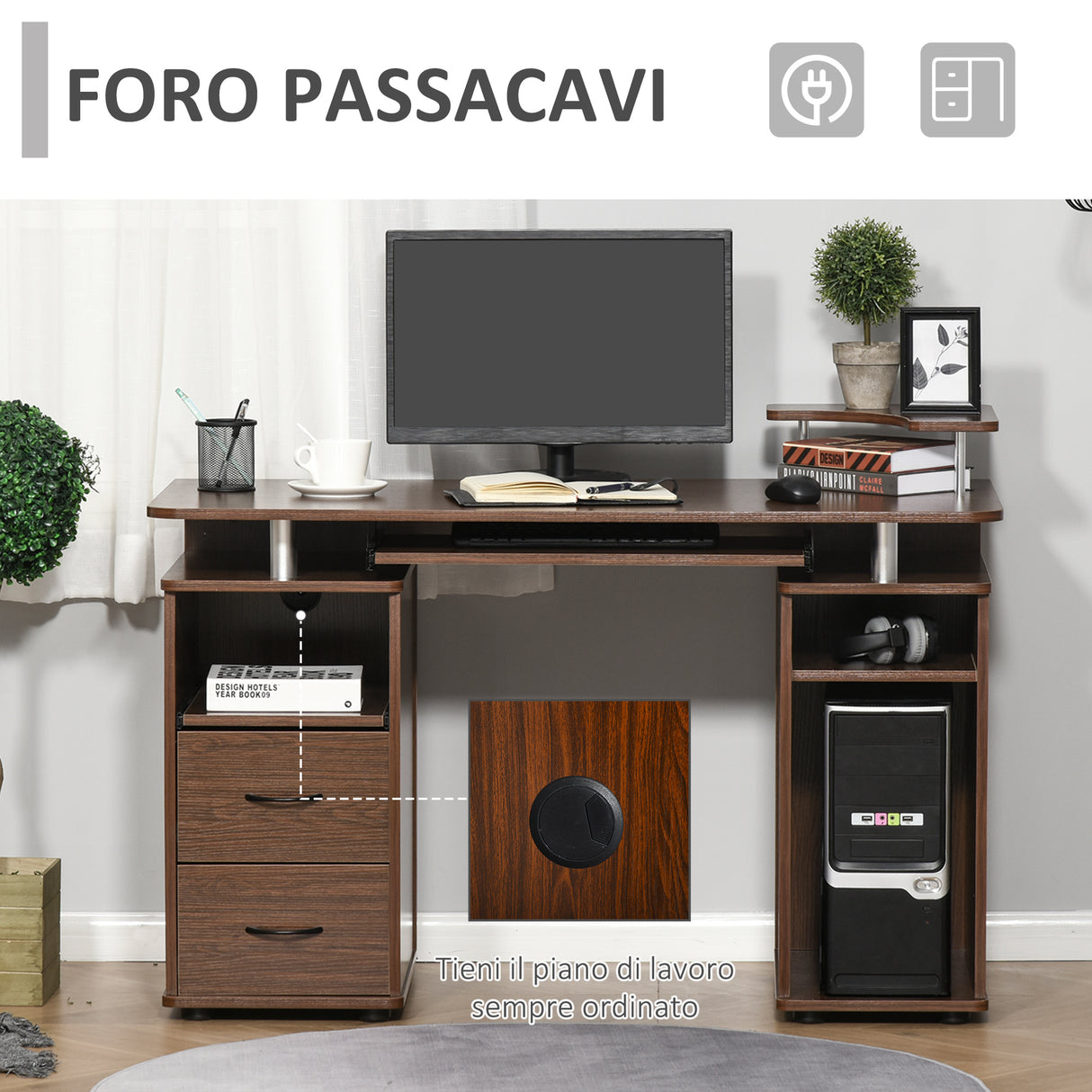 easycomfort easycomfort scrivania per computer moderna porta pc in legno con cassetti scrivania salvaspazio con libreria mensola estraibile e porta tastiera 120x55x85cm marrone ean 8054144132327