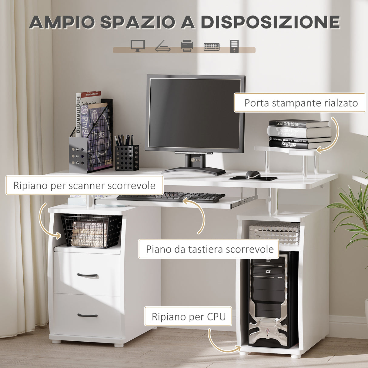 easycomfort easycomfort scrivania per pc con ripiano per tastiera e per monitor e 2 cassetti 120x55x85 cm bianca