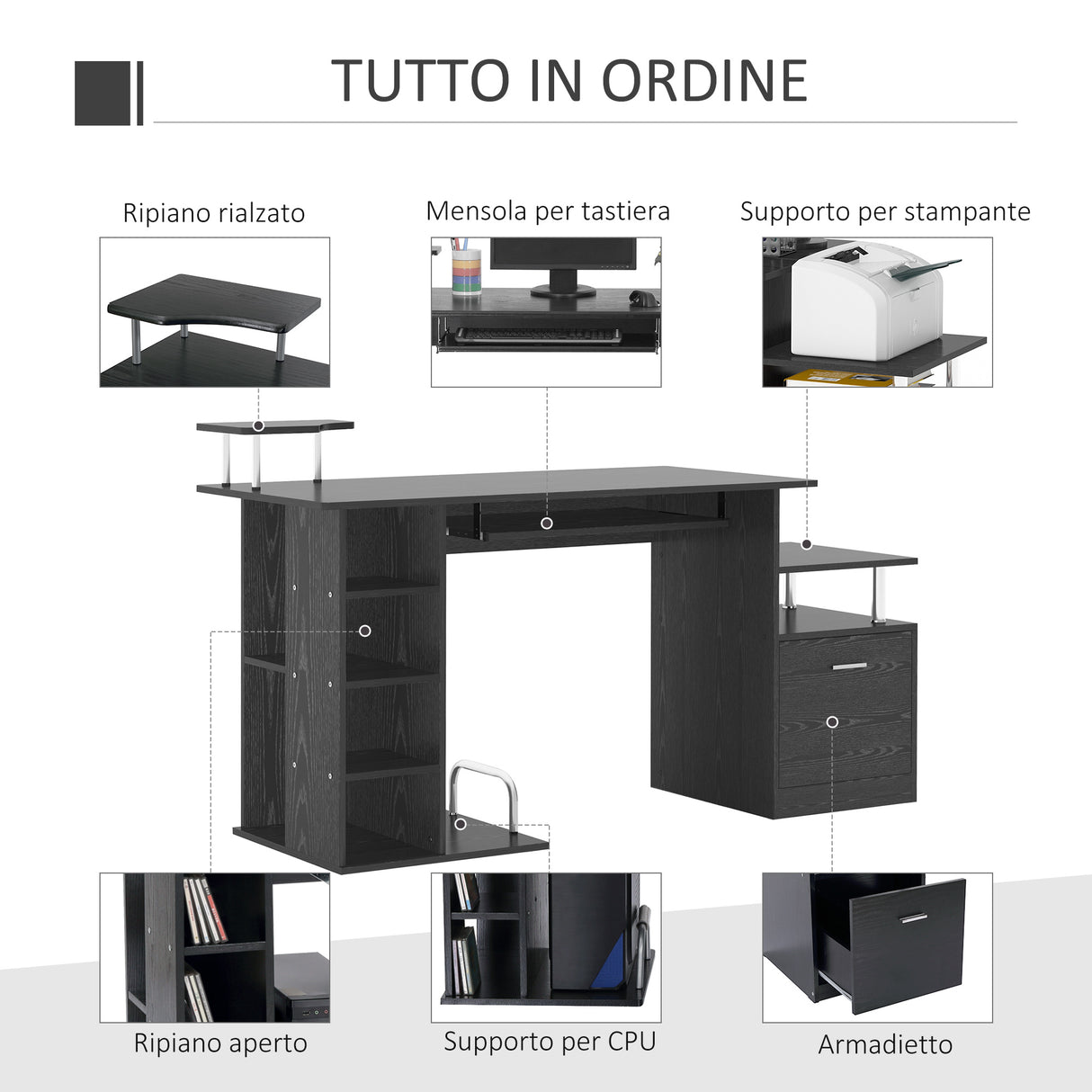 easycomfort easycomfort scrivania per computer moderna con cassetti ripiani e tastiera estraibile scrivania da ufficio per casa in legno nero 152x60x88cm ean 8054144130231