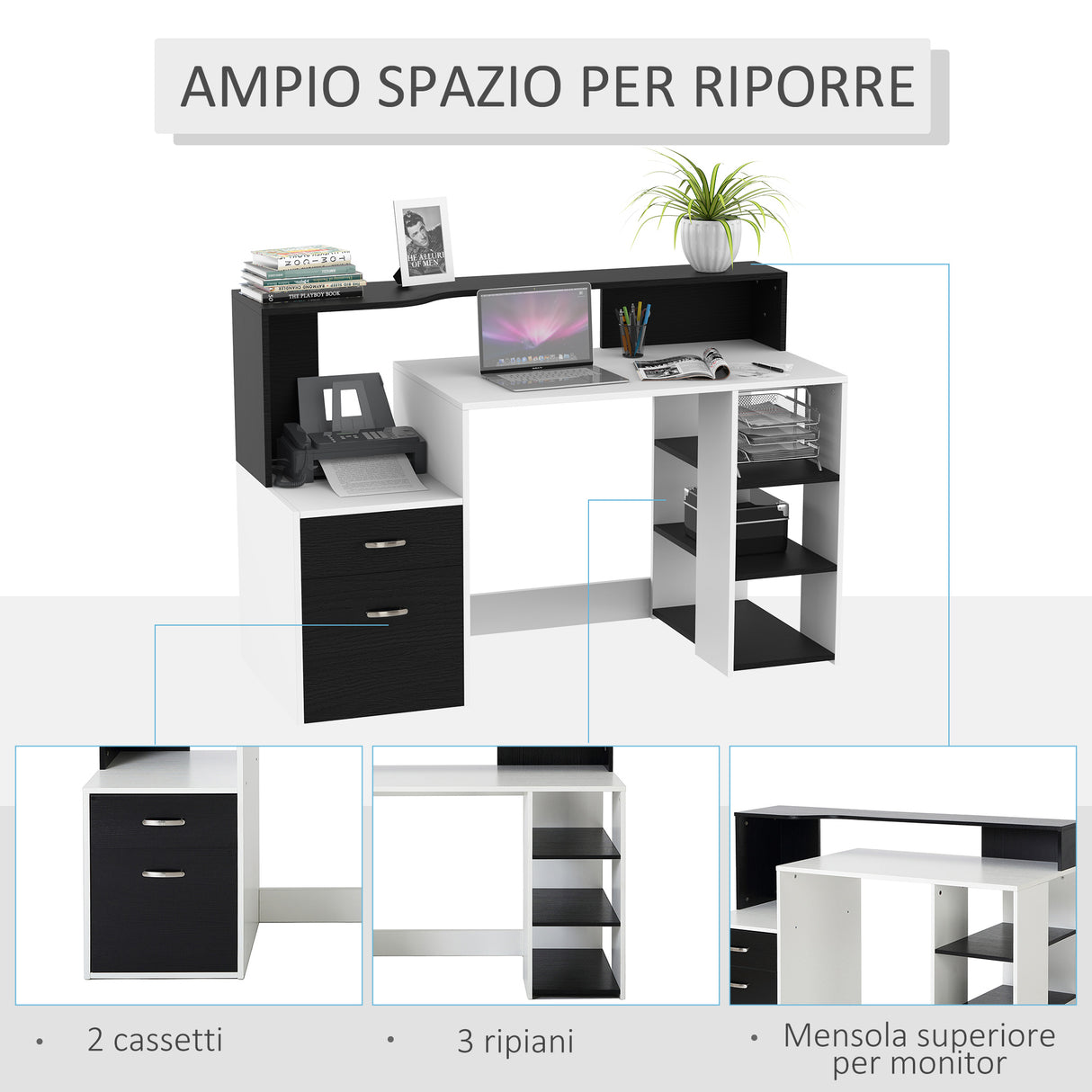 easycomfort easycomfort scrivania per ufficio con ripiano stampante 2 cassetti e 3 mensole in mdf bianco e nero 137 x 55 x 92cm ean 8054111847940