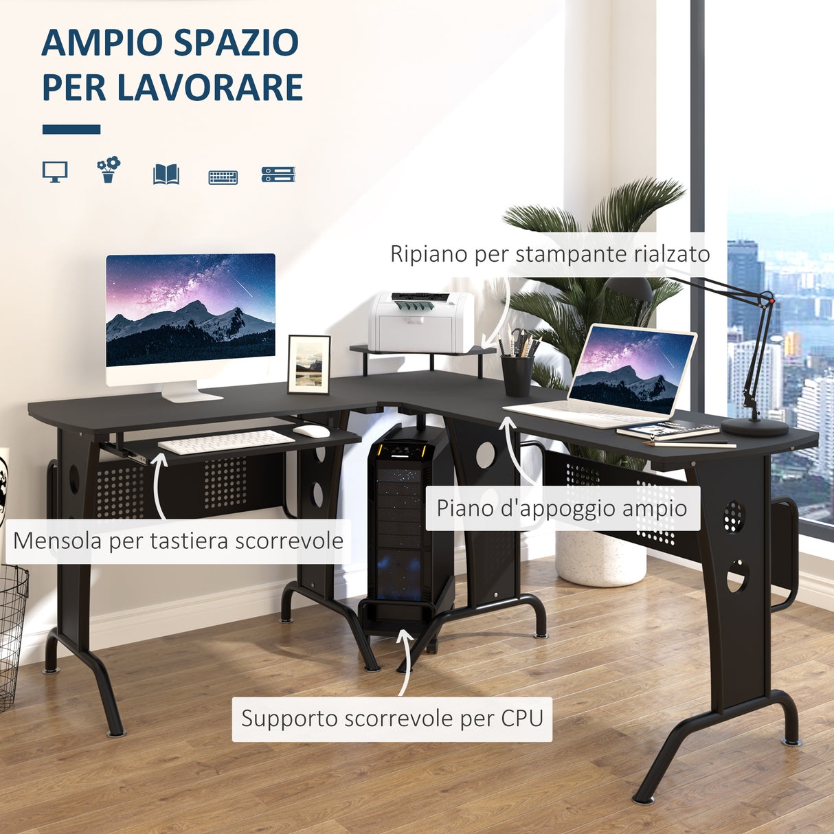 easycomfort easycomfort scrivania gaming per casa o ufficio angolare e salvaspazio con ripiano tastiera estraibile 165x145x86 5cm nera ean 8054111848558