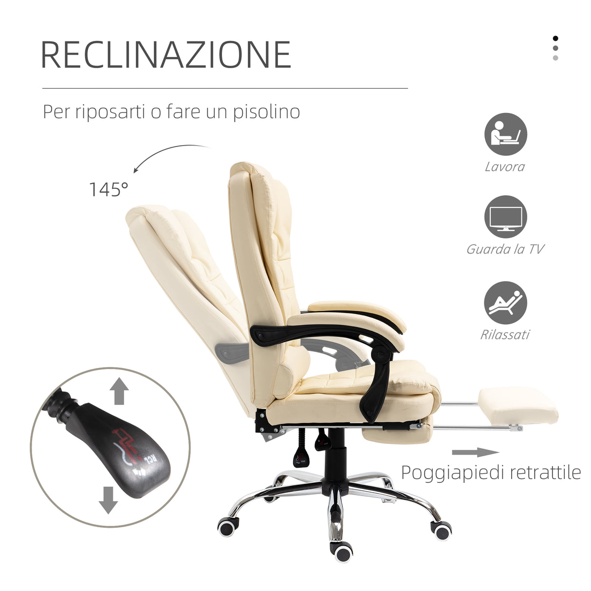 easycomfort easycomfort poltrona presidenziale in similpelle bianca con schienale reclinabile 145 e poggiapiedi 64 5x69x109 117 cm