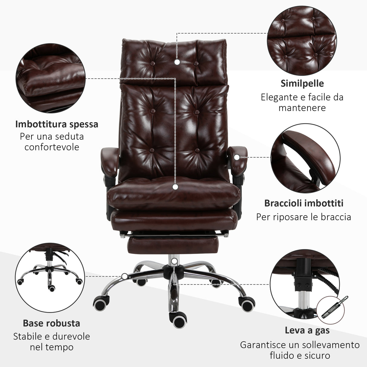 easycomfort easycomfort poltrona ufficio presidenziale similpelle marrone stile chesterfield schienale reclinabile 135 e poggiapiedi ean 8054144132730