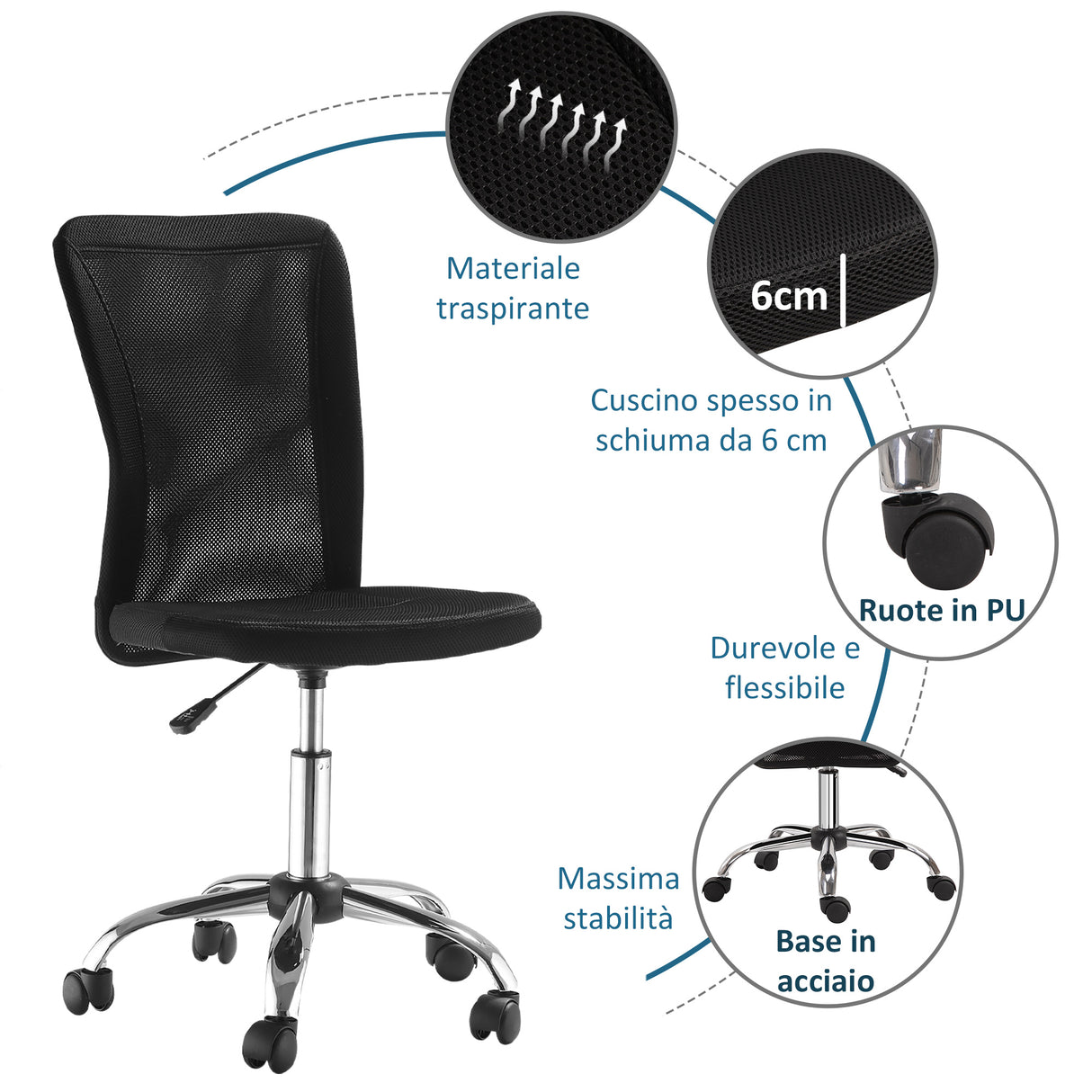 easycomfort easycomfort sedia da ufficio ergonomica senza braccioli tessuto traspirante a rete altezza regolabile e 5 ruote 43x58x90 100cm nero ean 8054111843478