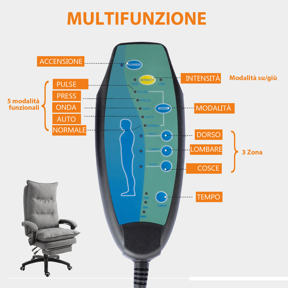 easycomfort easycomfort sedia da ufficio imbottita con 6 punti massaggianti altezza regolabile e rotelle 70x62x120 130 cm grigio