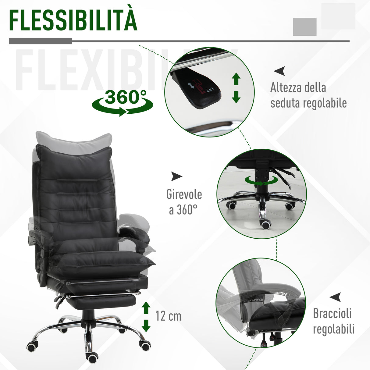 easycomfort easycomfort poltrona da ufficio in finta pelle nera sedia direzionale altezza regolabile con schiena alta reclinabile 155 e poggiapiedi ean 8054144139029