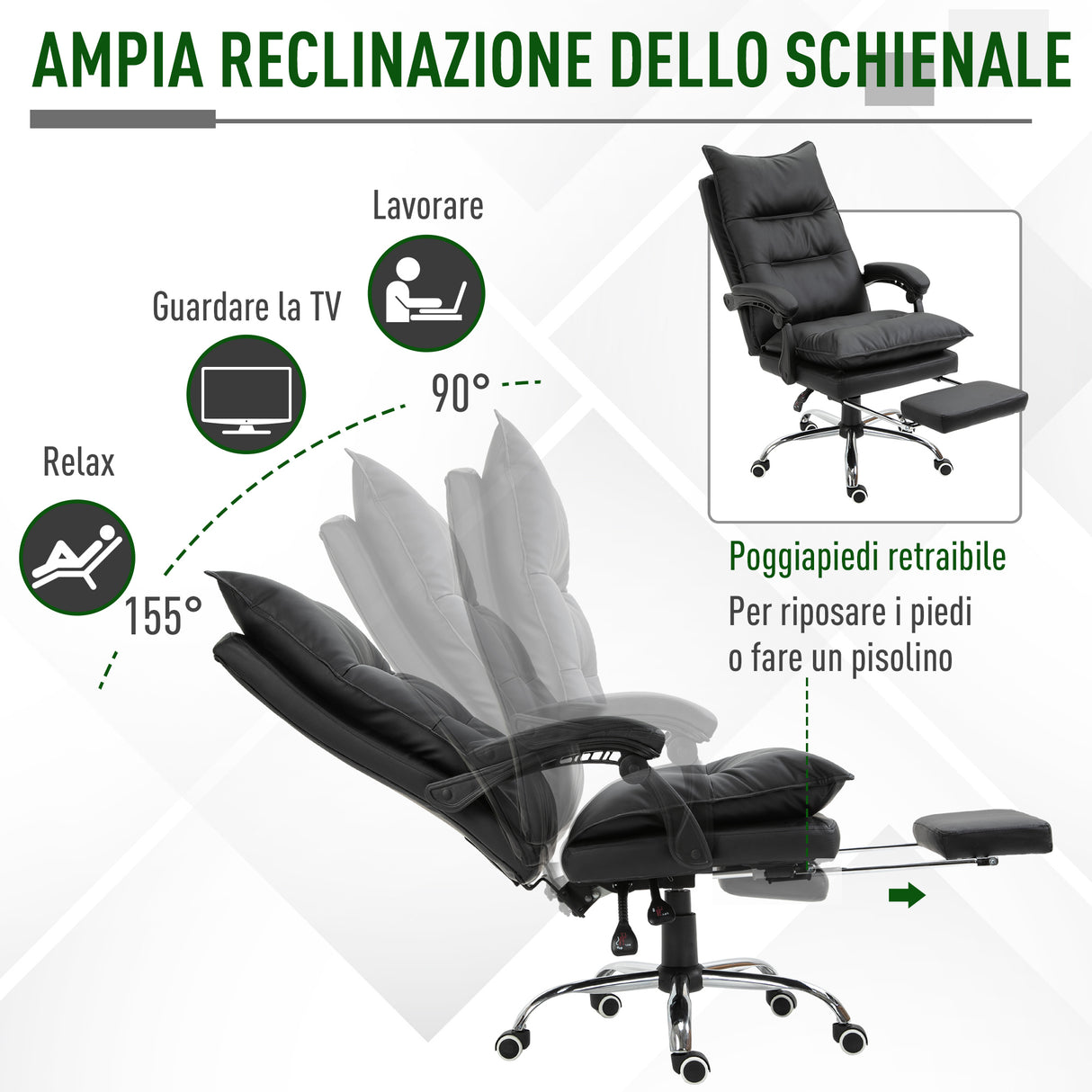 easycomfort easycomfort poltrona da ufficio in finta pelle nera sedia direzionale altezza regolabile con schiena alta reclinabile 155 e poggiapiedi ean 8054144139029