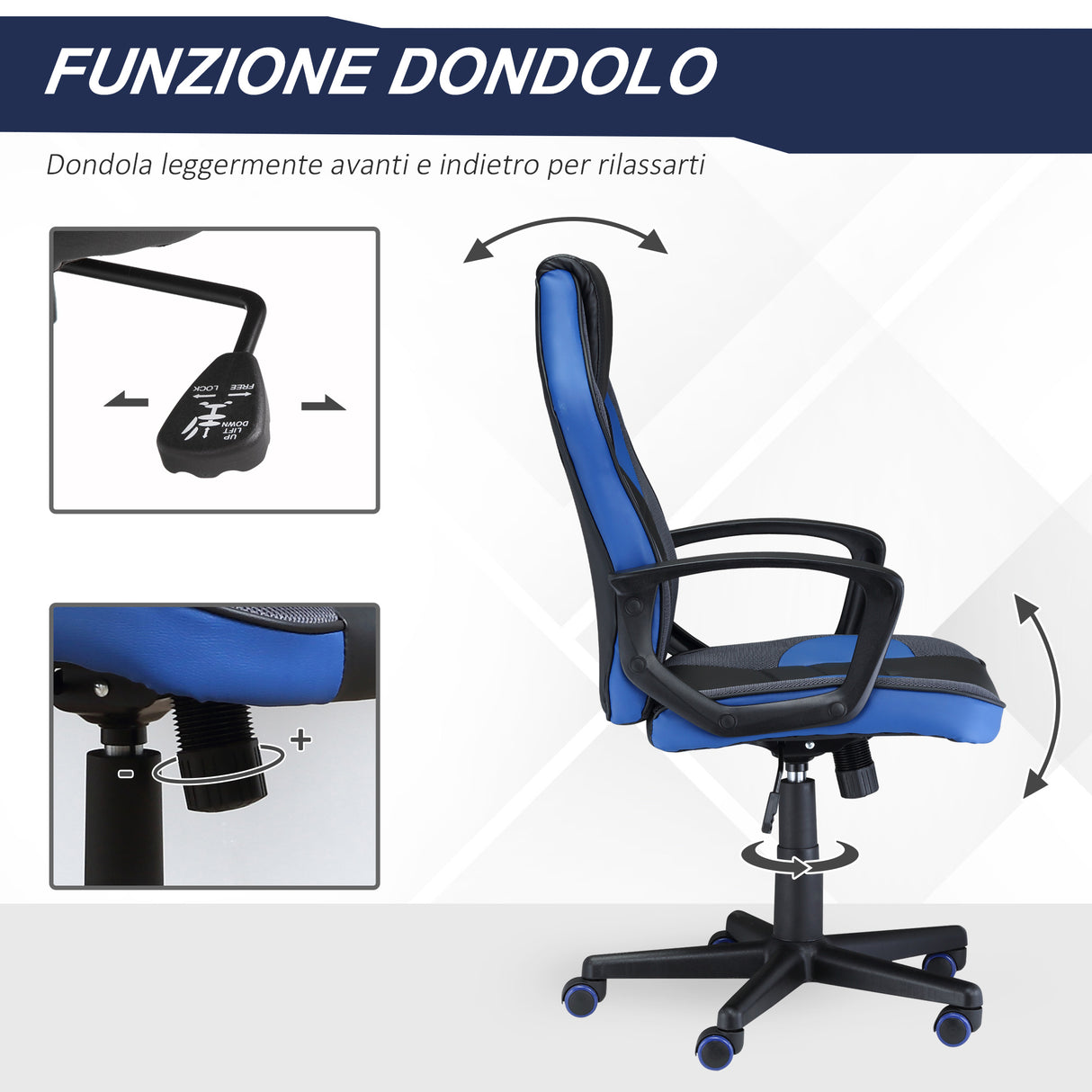 easycomfort sedia da gaming poltrona da ufficio girevole con ruote in similpelle nera blu