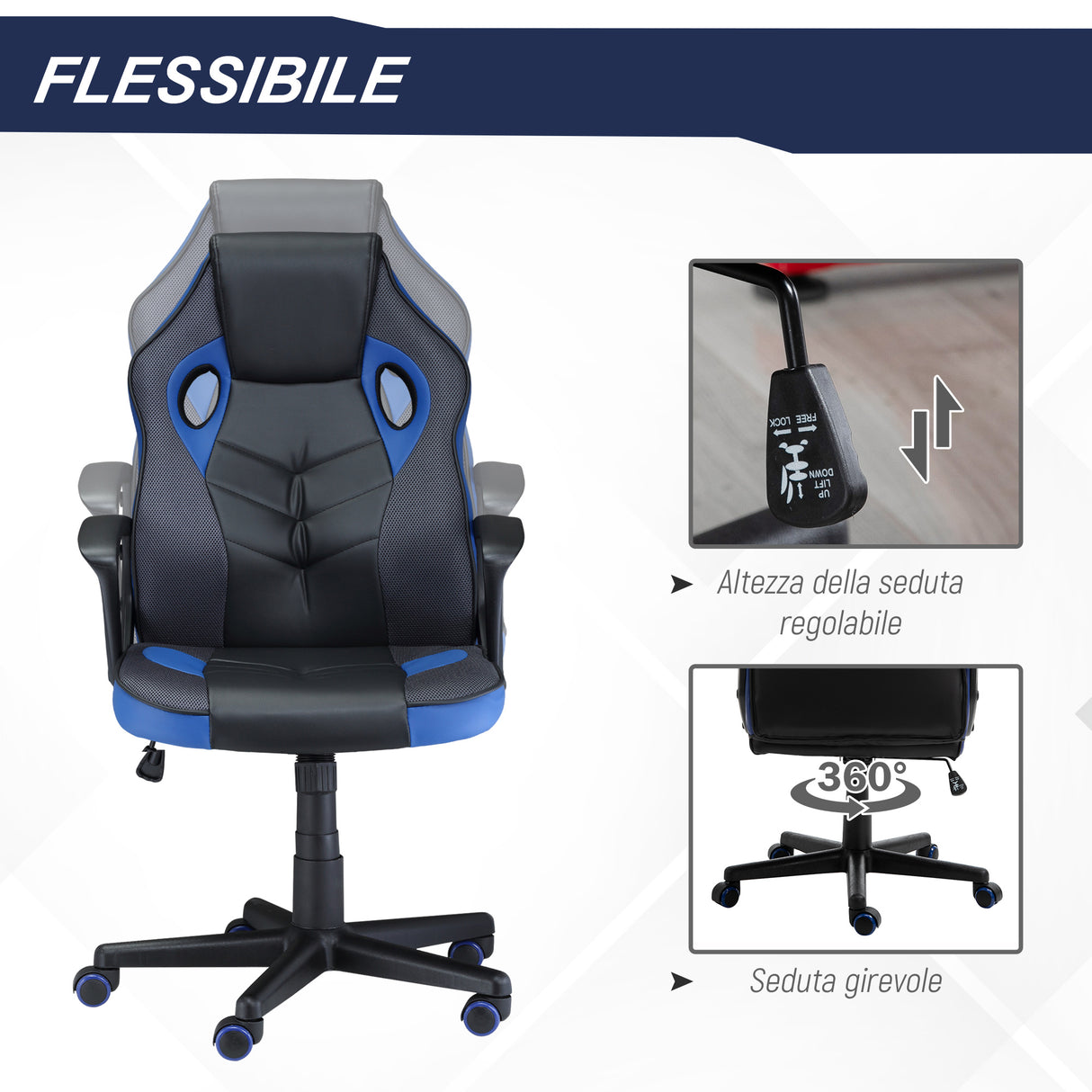 easycomfort sedia da gaming poltrona da ufficio girevole con ruote in similpelle nera blu