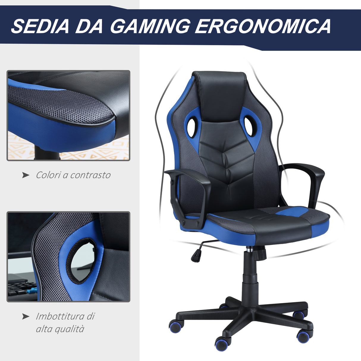 easycomfort sedia da gaming poltrona da ufficio girevole con ruote in similpelle nera blu