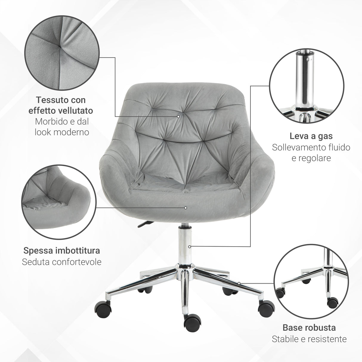 easycomfort easycomfort sedia da ufficio ergonomica girevole con altezza regolabile e ruote rivestimento in velluto grigio