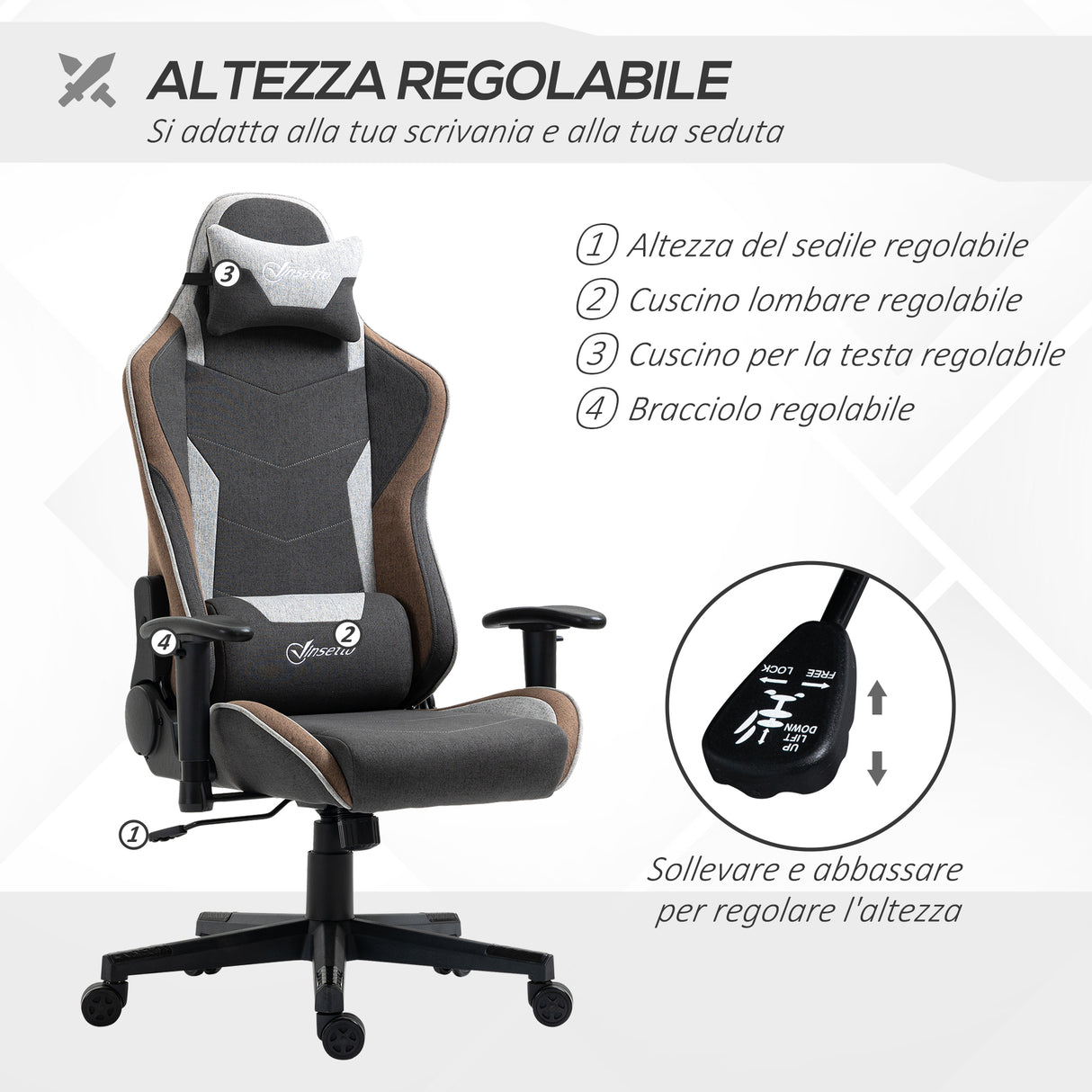 easycomfort sedia da gaming reclinabile a 150 con funzione dondolo poggiatesta e cuscino lombare grigio