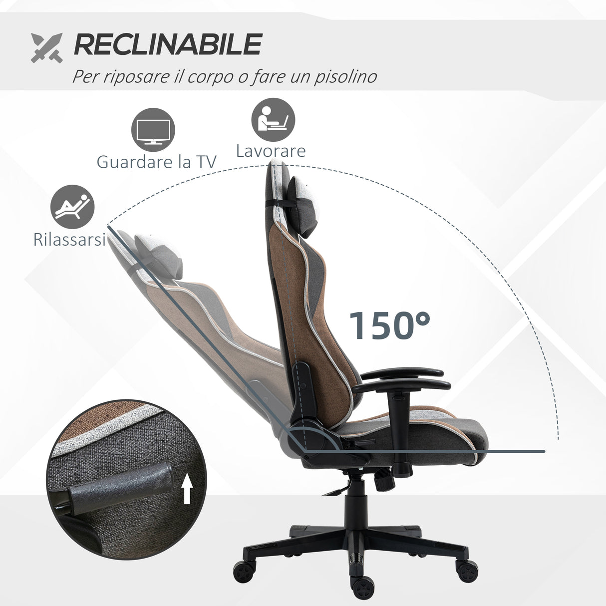 easycomfort sedia da gaming reclinabile a 150 con funzione dondolo poggiatesta e cuscino lombare grigio