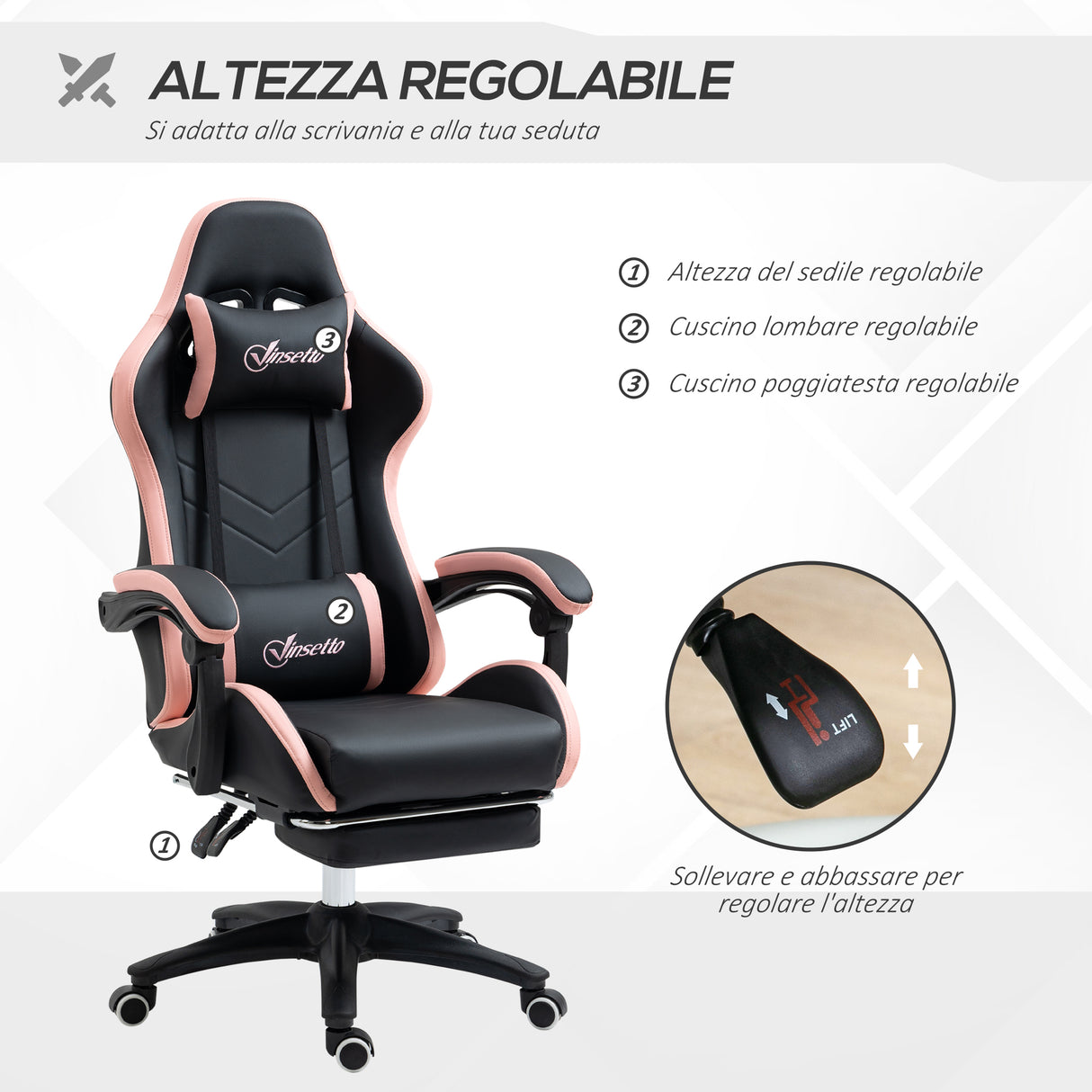 easycomfort sedia da gaming rosa e nero con altezza regolabile e schienale reclinabile 65x65x121 129 cm