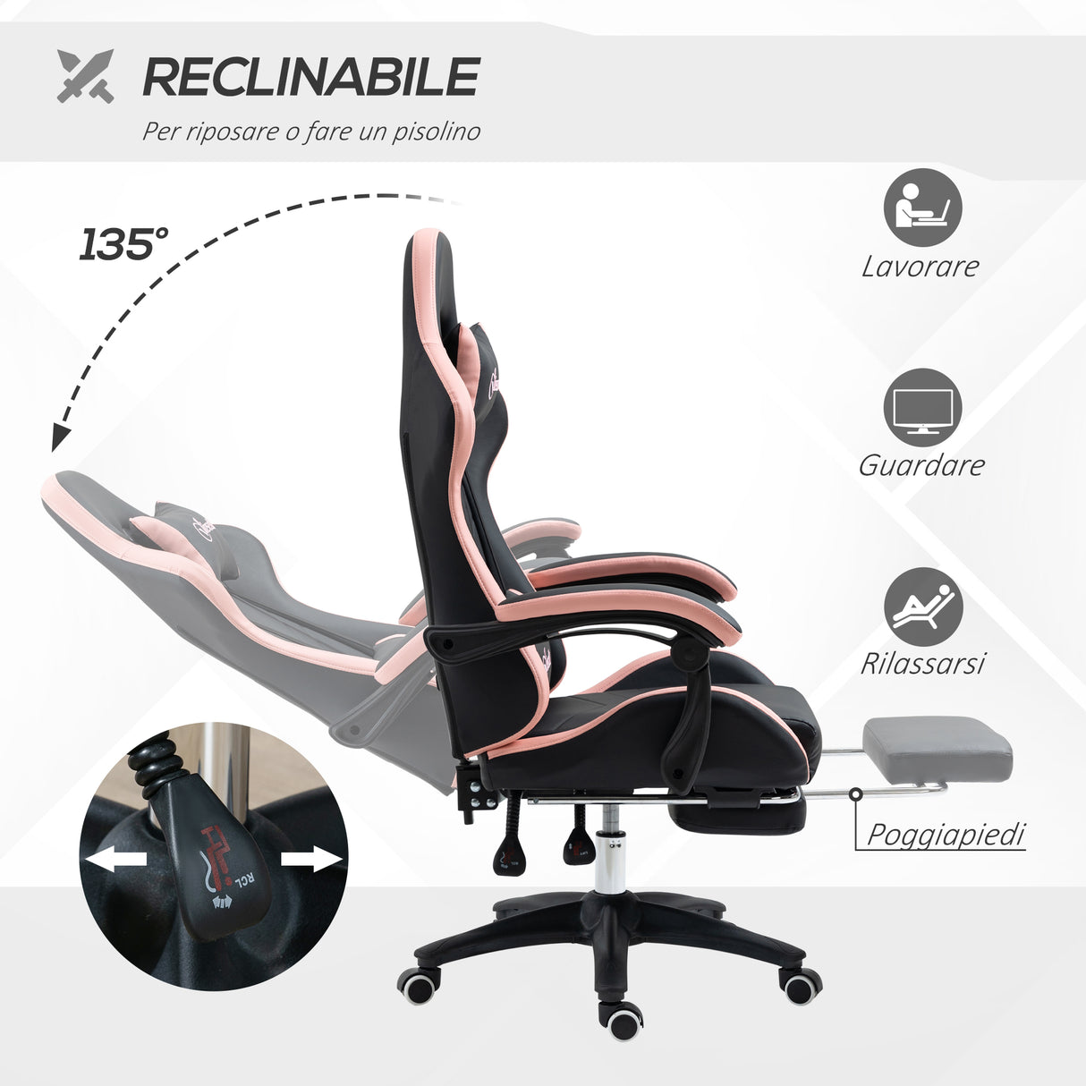 easycomfort sedia da gaming rosa e nero con altezza regolabile e schienale reclinabile 65x65x121 129 cm