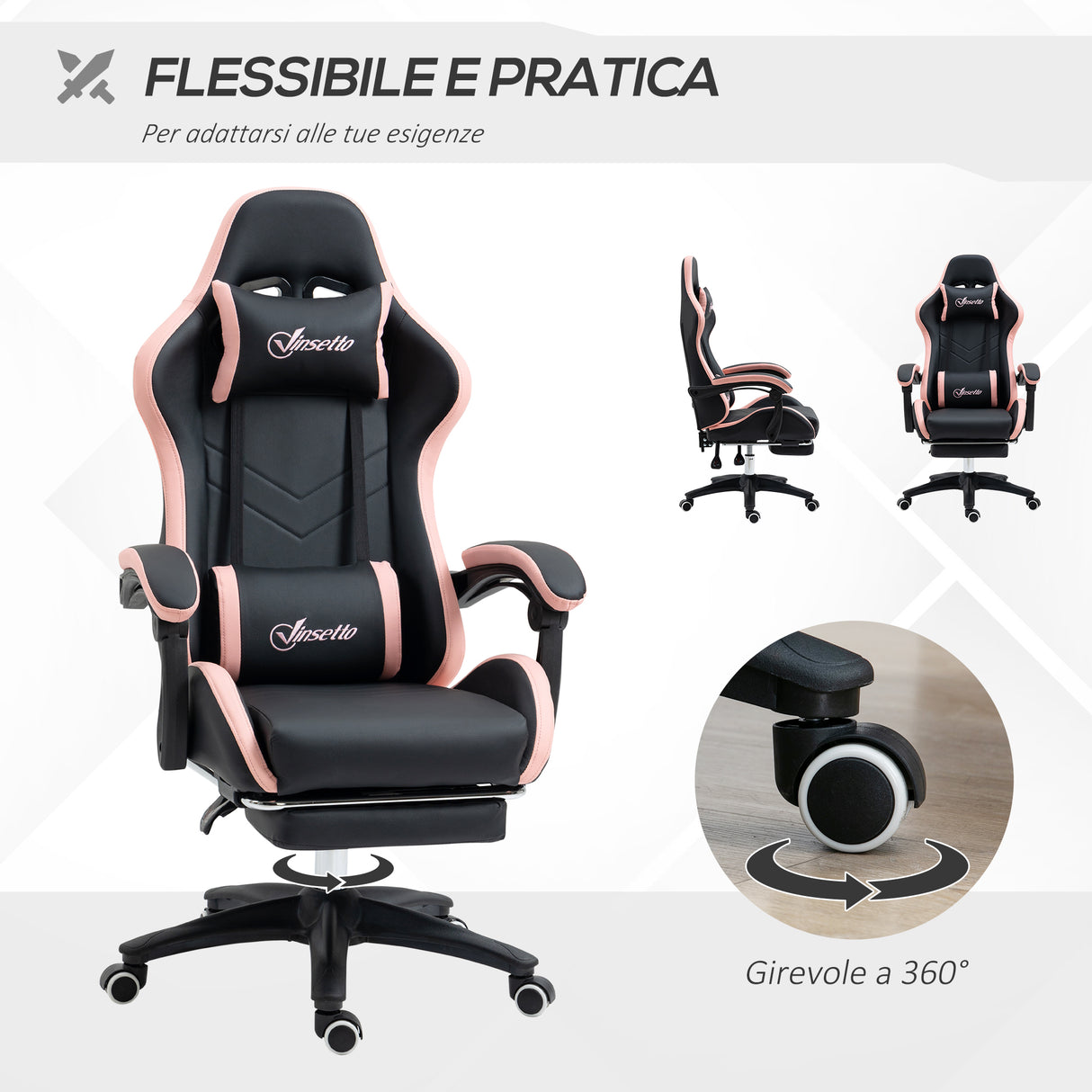 easycomfort sedia da gaming rosa e nero con altezza regolabile e schienale reclinabile 65x65x121 129 cm