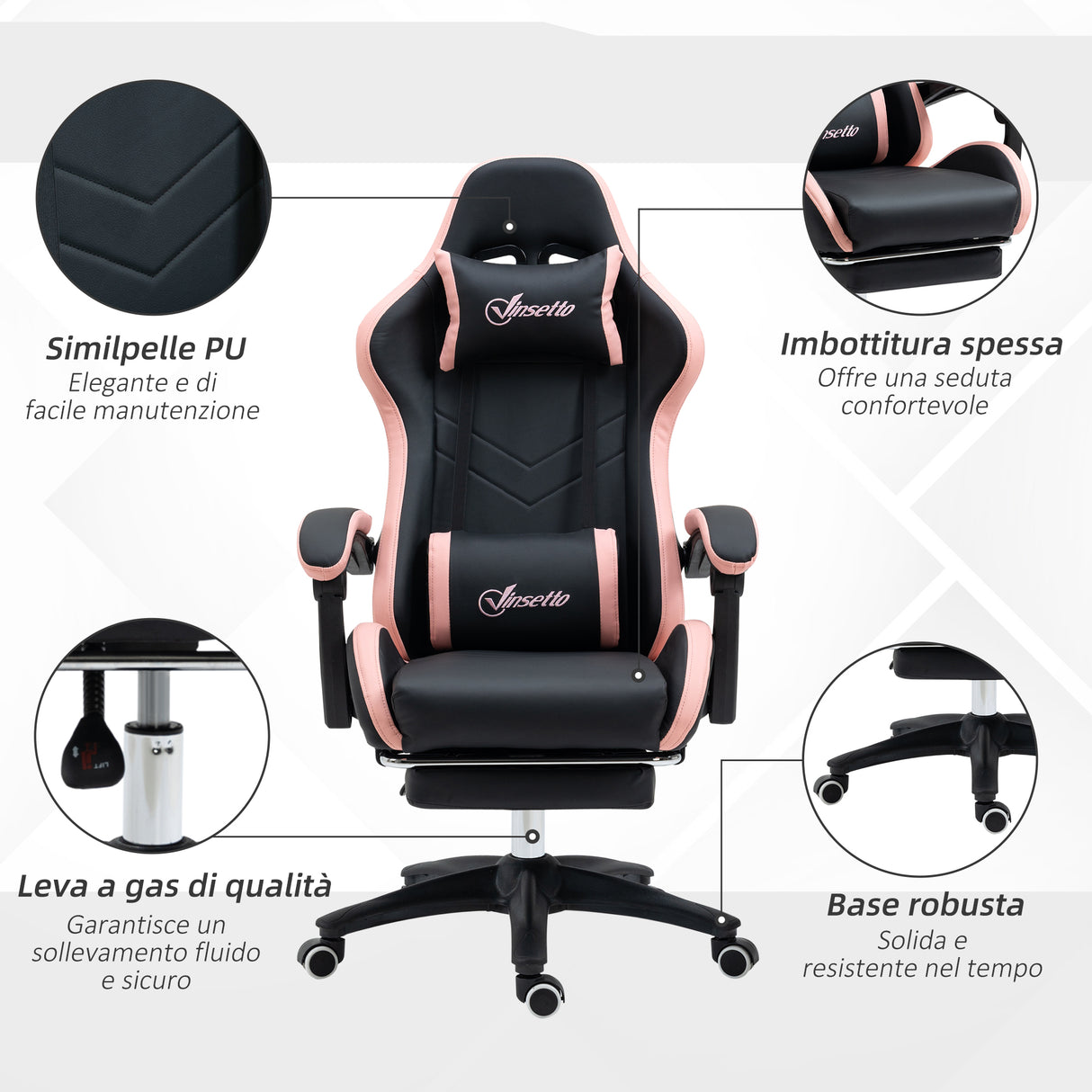easycomfort sedia da gaming rosa e nero con altezza regolabile e schienale reclinabile 65x65x121 129 cm