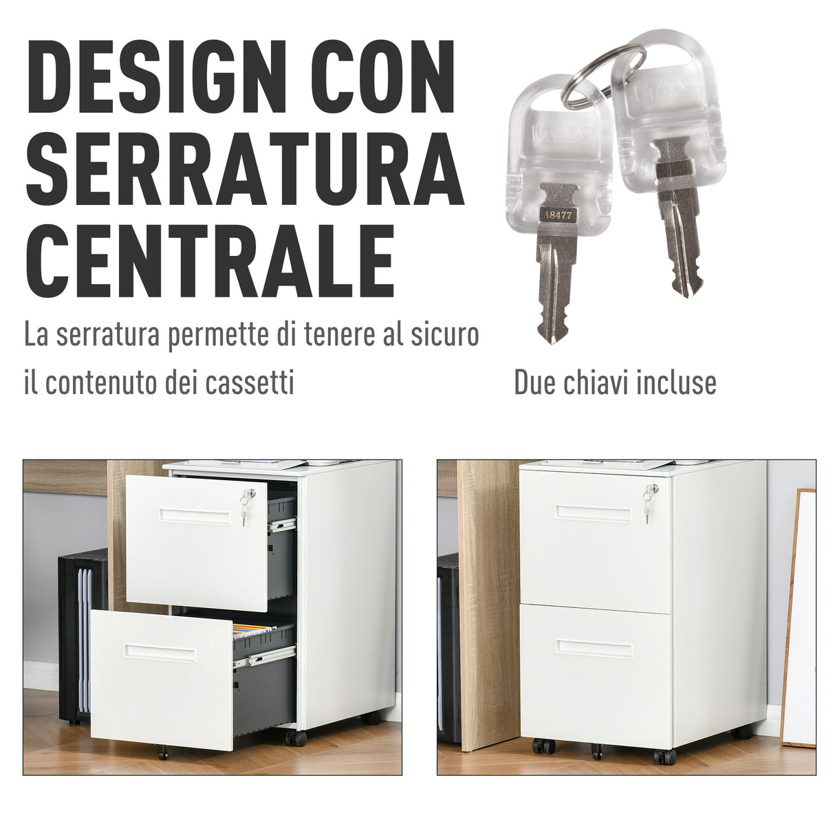easycomfort easycomfort cassettiera ufficio con ruote schedario portadocumenti a 2 cassetti con serratura e 2 chiavi in acciaio 39x48x67cm bianco