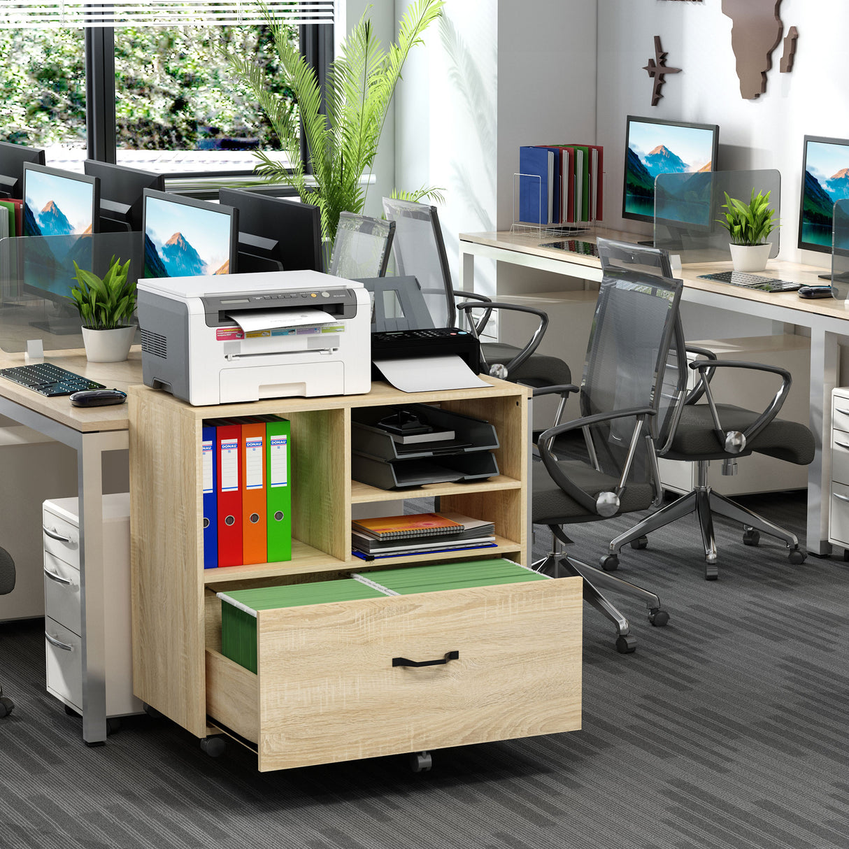 easycomfort mobile multiuso per ufficio porta stampante con 5 ruote e ripiano regolabile 77x40x73cm legno