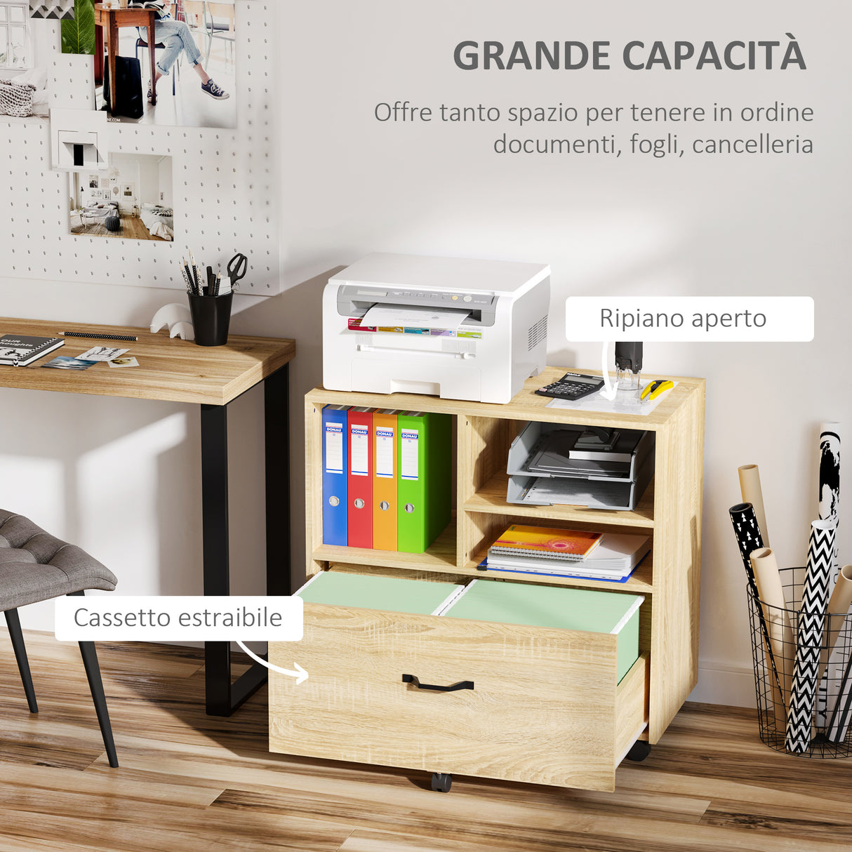 easycomfort mobile multiuso per ufficio porta stampante con 5 ruote e ripiano regolabile 77x40x73cm legno