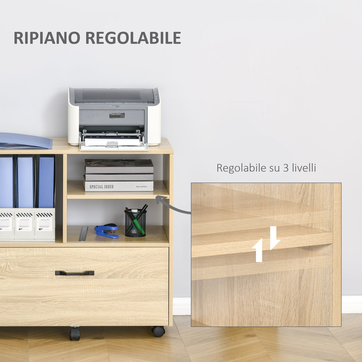easycomfort mobile multiuso per ufficio porta stampante con 5 ruote e ripiano regolabile 77x40x73cm legno