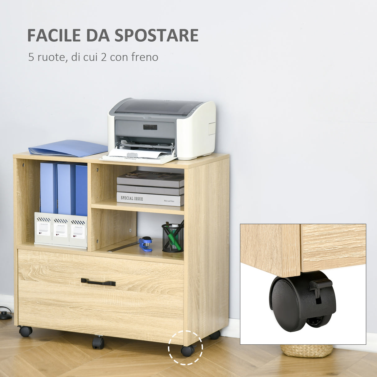 easycomfort mobile multiuso per ufficio porta stampante con 5 ruote e ripiano regolabile 77x40x73cm legno
