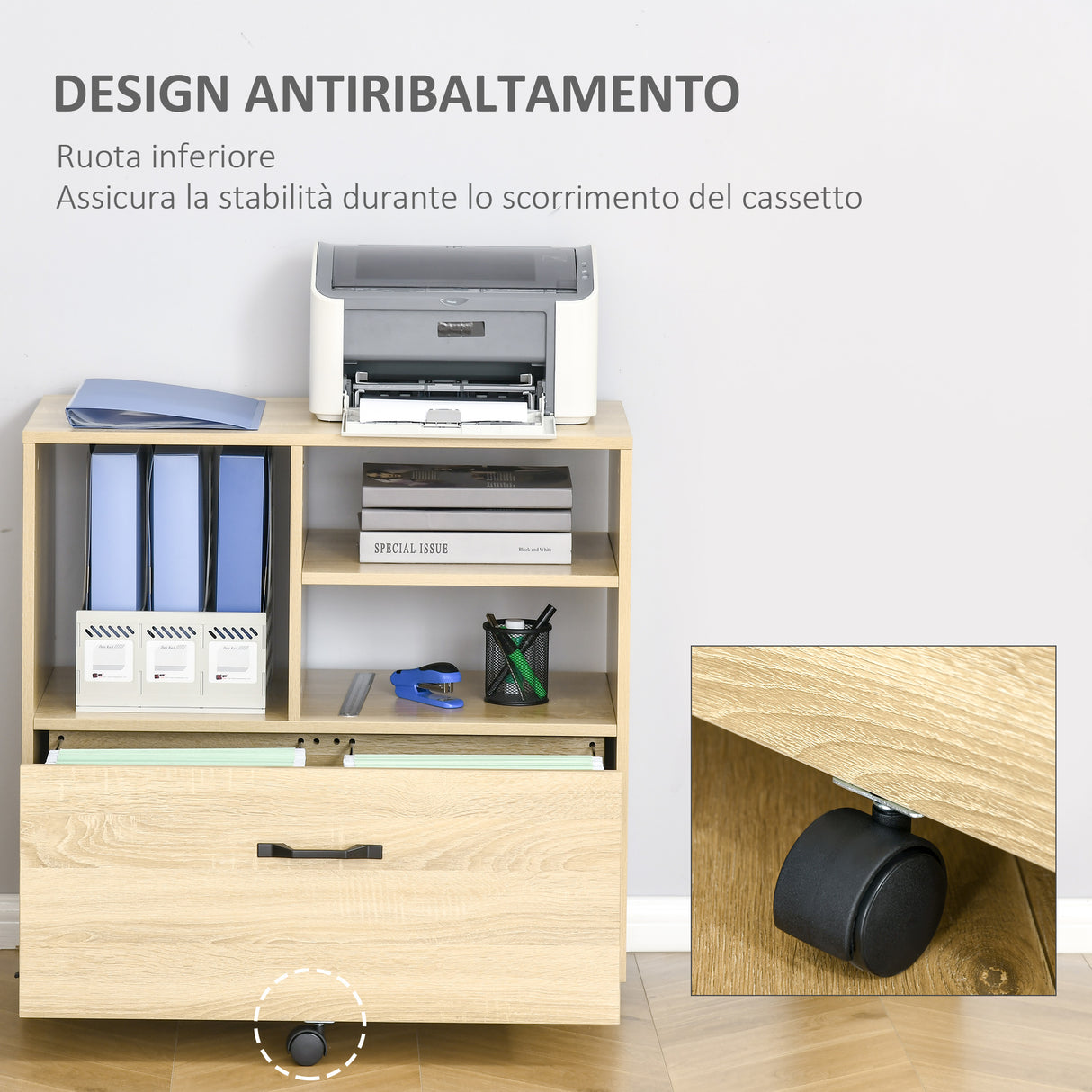 easycomfort mobile multiuso per ufficio porta stampante con 5 ruote e ripiano regolabile 77x40x73cm legno