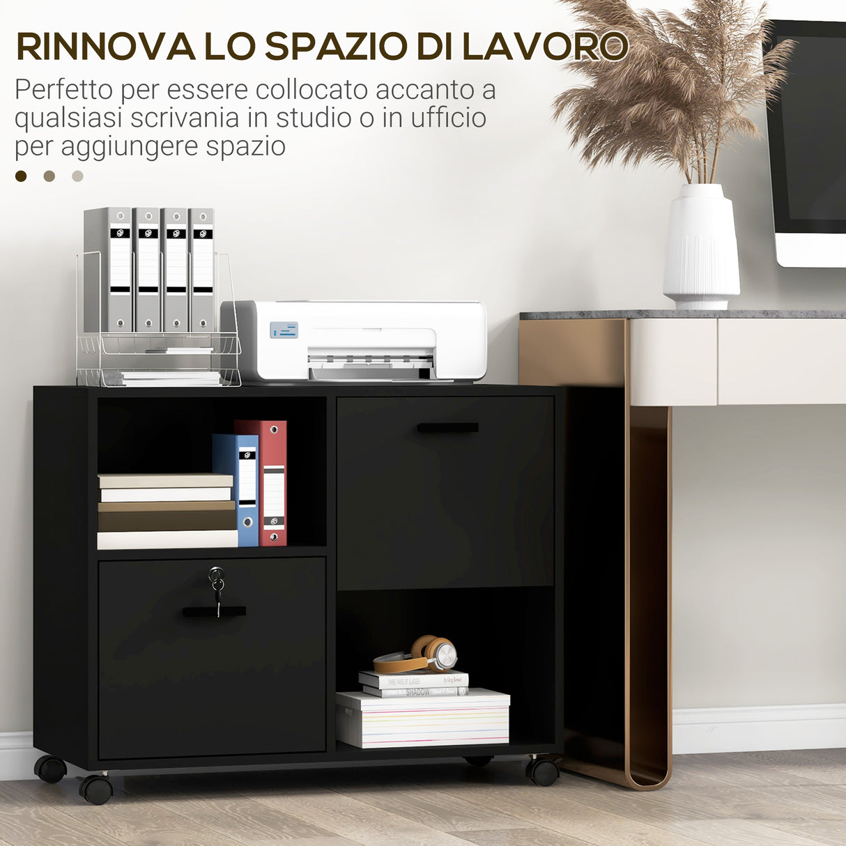 easycomfort easycomfort mobile da ufficio con 2 cassetti porta documenti e ripiani ruote con blocco 80x40x66cm nero
