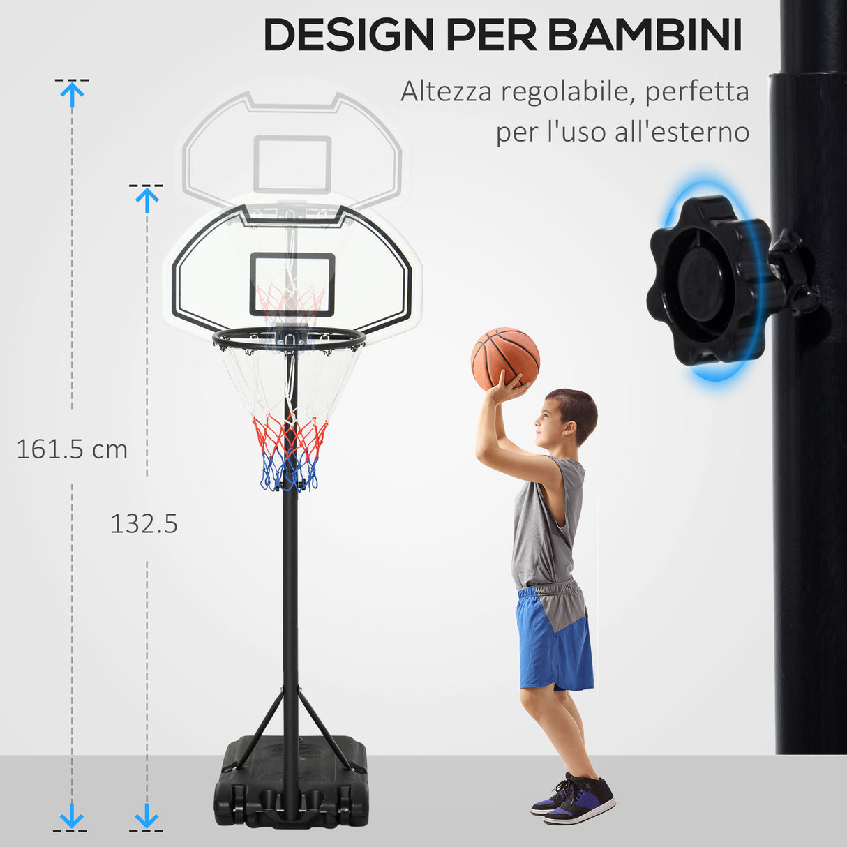 easycomfort canestro basket per bambini ad altezza regolabile 132.5 161.5 cm con base riempibile e ruote multicolore