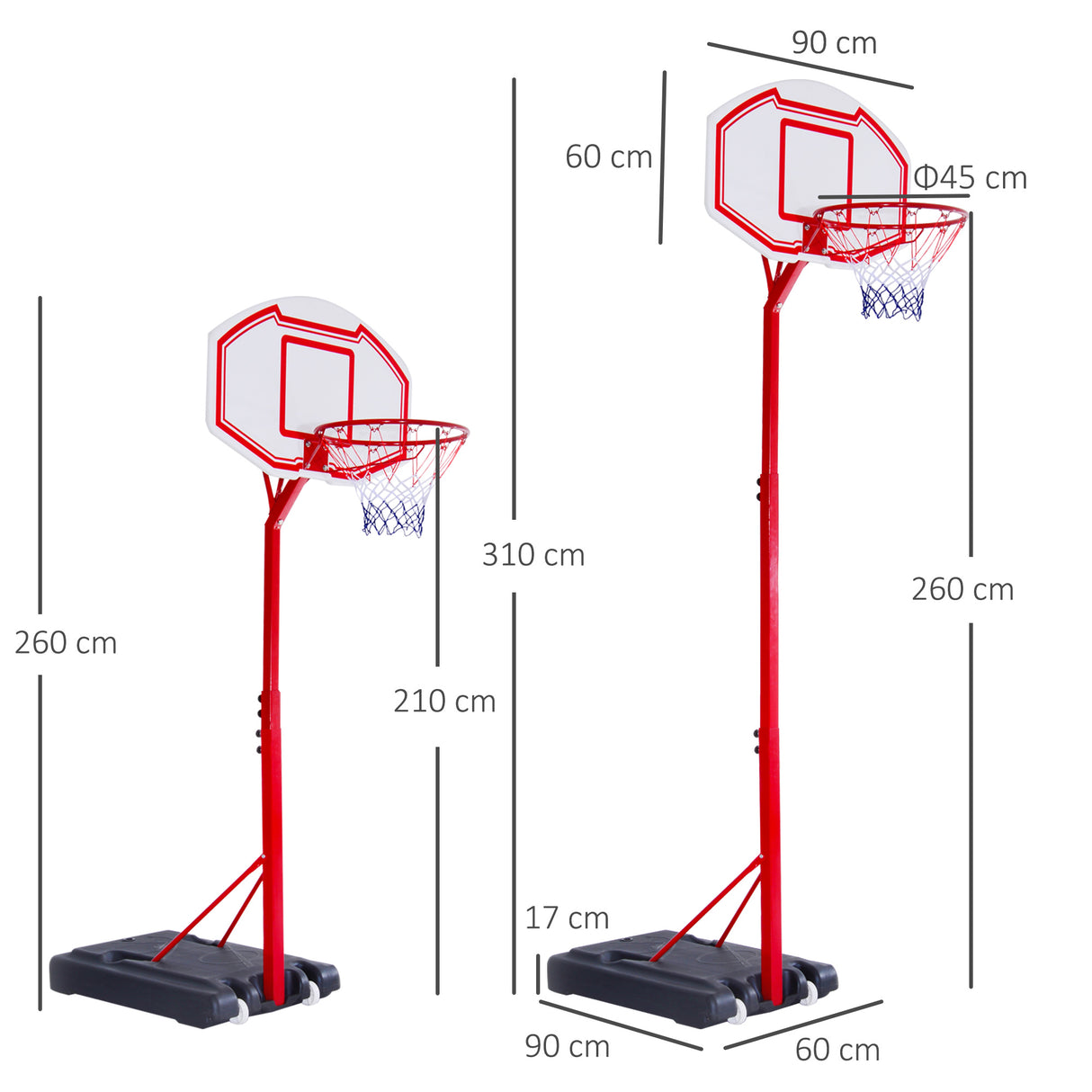easycomfort easycomfort canestro basket autoportante con altezza regolabile 210 260cm e ruote rosso