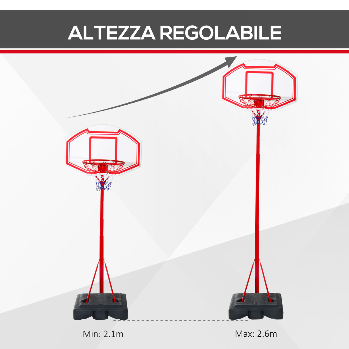 easycomfort easycomfort canestro basket autoportante con altezza regolabile 210 260cm e ruote rosso