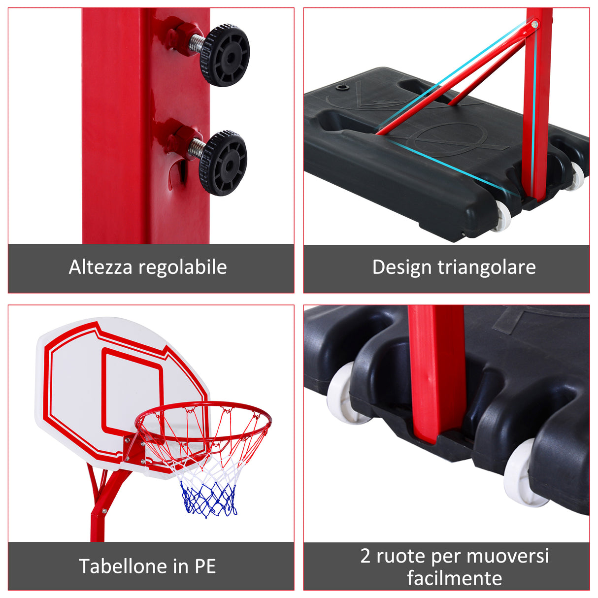 easycomfort easycomfort canestro basket autoportante con altezza regolabile 210 260cm e ruote rosso