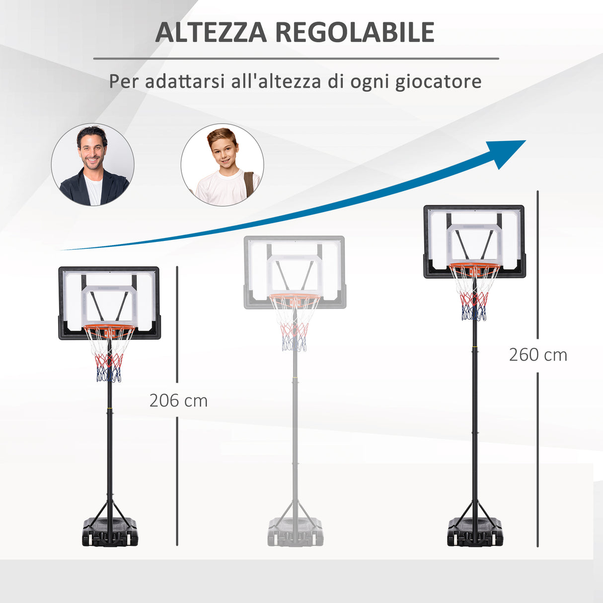 easycomfort canestro basket altezza regolabile 160 210cm struttura in acciaio e base con ruote