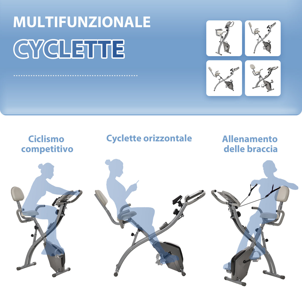 easycomfort easycomfort cyclette pieghevole 2 in 1 resistenza magnetica regolabile 8 livelli bici da fitness con sensore di frequenza cardiaca elastici per braccia schermo lcd volano 2 5kg grigio