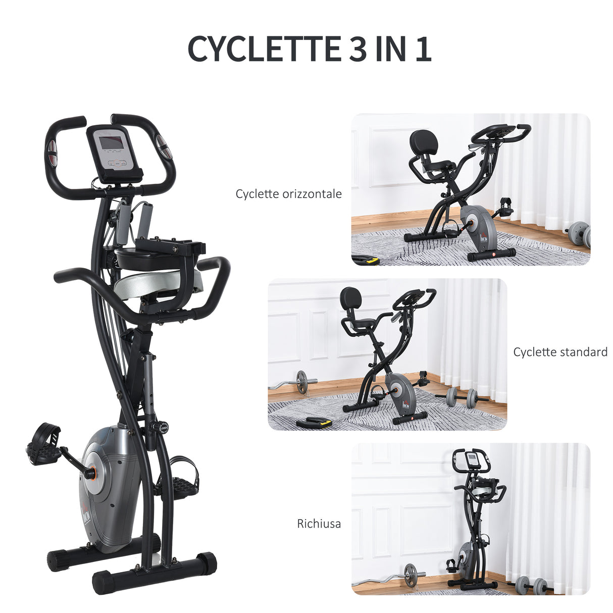 easycomfort easycomfort cyclette pieghevole con schienale bande elastiche e display lcd grigia