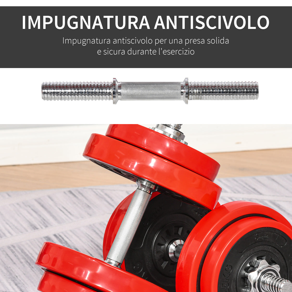easycomfort set pesi da 20kg in dotazione 1 bilanciere e 2 manubri dischi con rivestimento in plastica antigraffio rosso