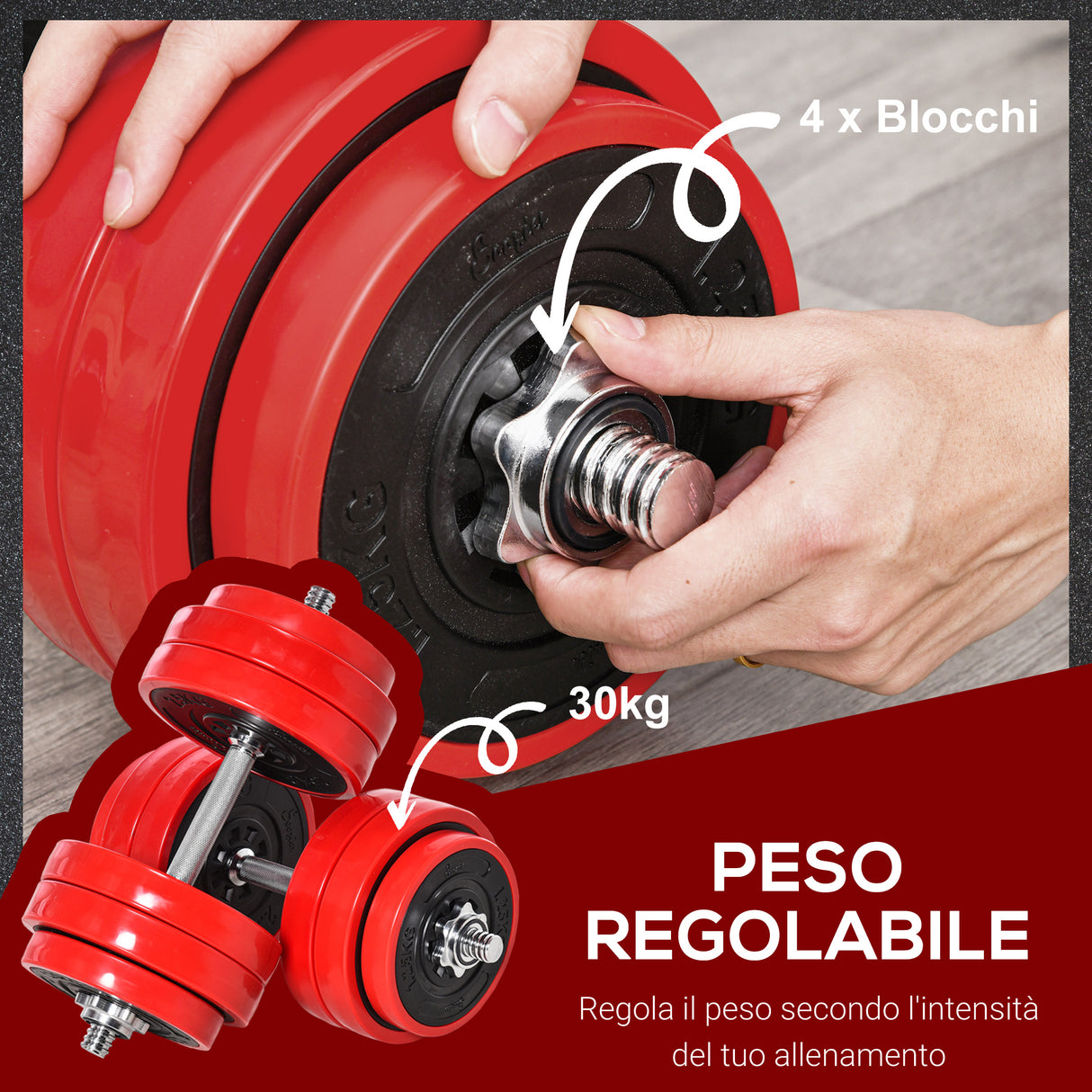 easycomfort set 2 in 1 bilanciere e manubri pesi da 30kg dischi con rivestimento in plastica antigraffio rosso
