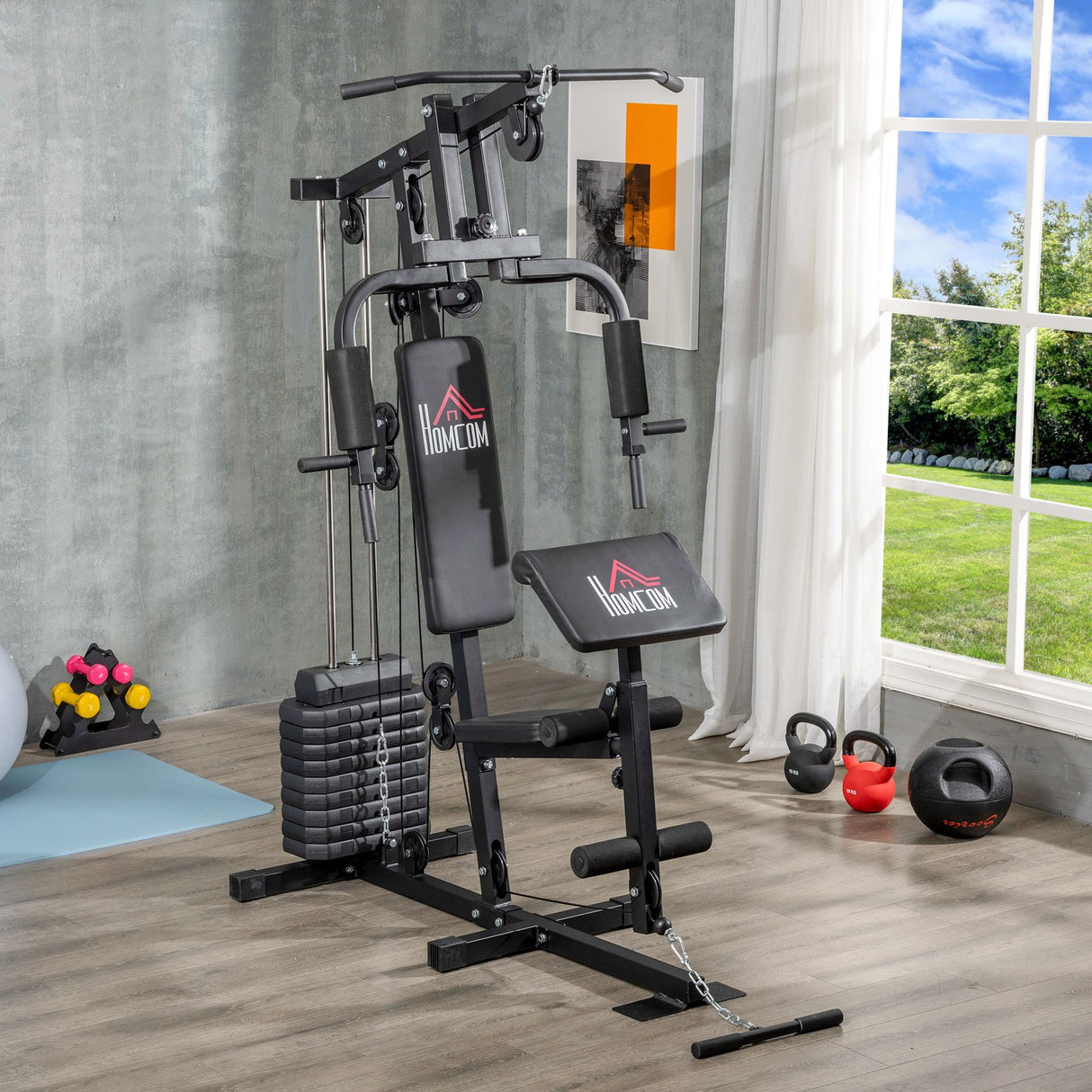 easycomfort easycomfort stazione fitness multifunzione power tower con pesi fino 45kg e panca imbottita 135x103x210cm