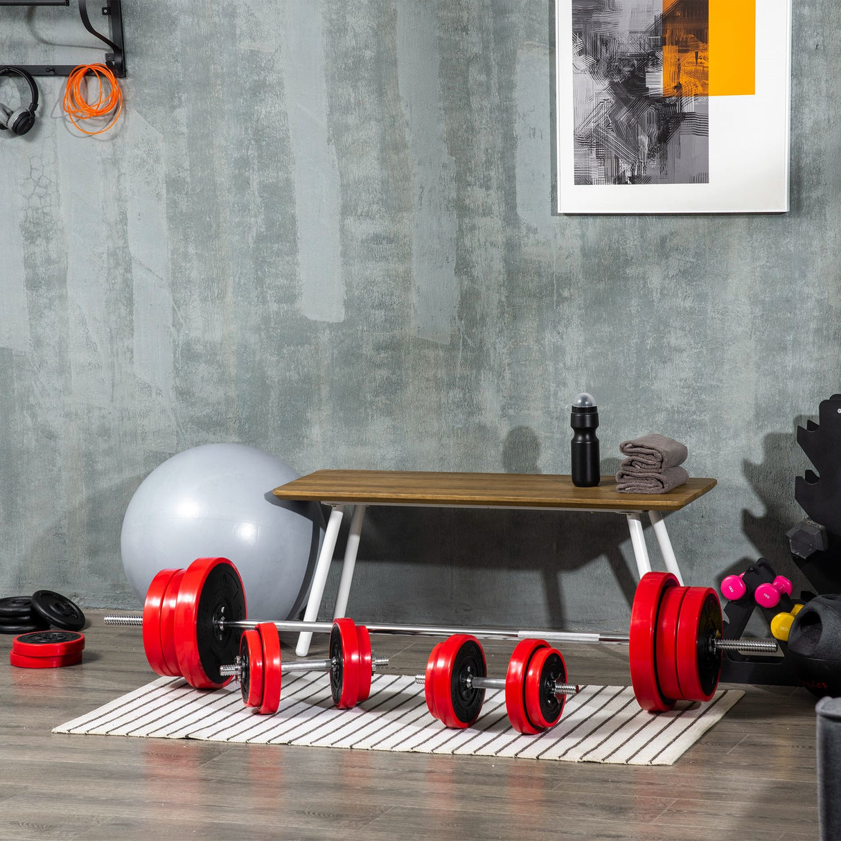 easycomfort set bilanciere e dischi 65kg totali per workout in casa in metallo sabbia di ferro e gomma rosso