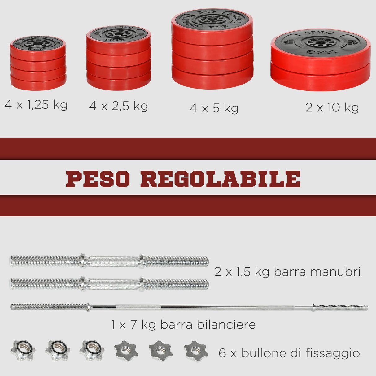 easycomfort set bilanciere e dischi 65kg totali per workout in casa in metallo sabbia di ferro e gomma rosso