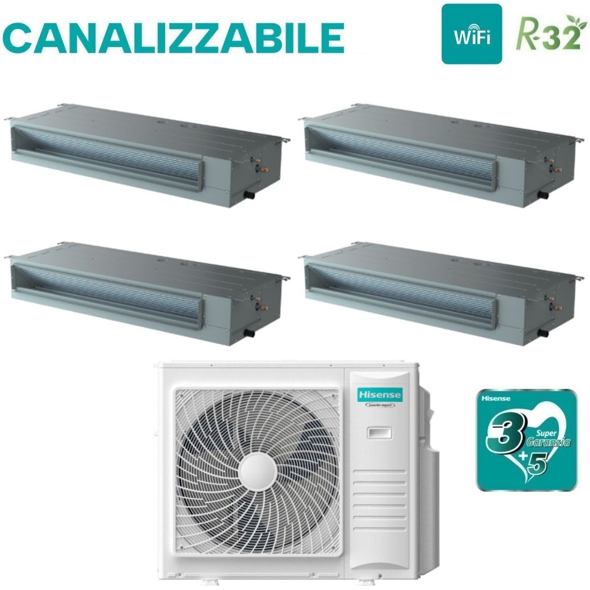 climatizzatore condizionatore hisense quadri split inverter canalizzato canalizzabile 9+9+9+12 con 4amw105u4raa r 32 wi fi optional 9000+9000+9000+12000 con telecomando di serie e cablato incluso