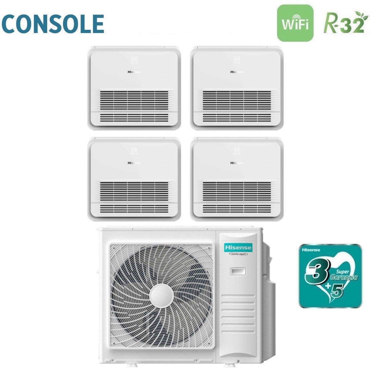 climatizzatore condizionatore hisense quadri split console akt 9_9_9_12 con 4amw105u4raa r 32 9000_9000_9000_12000 con telecomando di serie