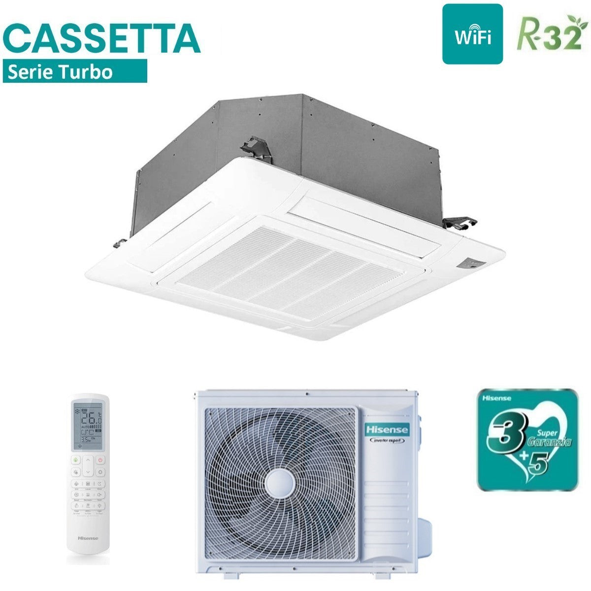 climatizzatore condizionatore hisense inverter a cassetta serie super 36000 btu auc105ur4rkc8 _ auw105u4rk7 r 32 wi fi optional classe a__ a_ con telecomando e pannello incluso