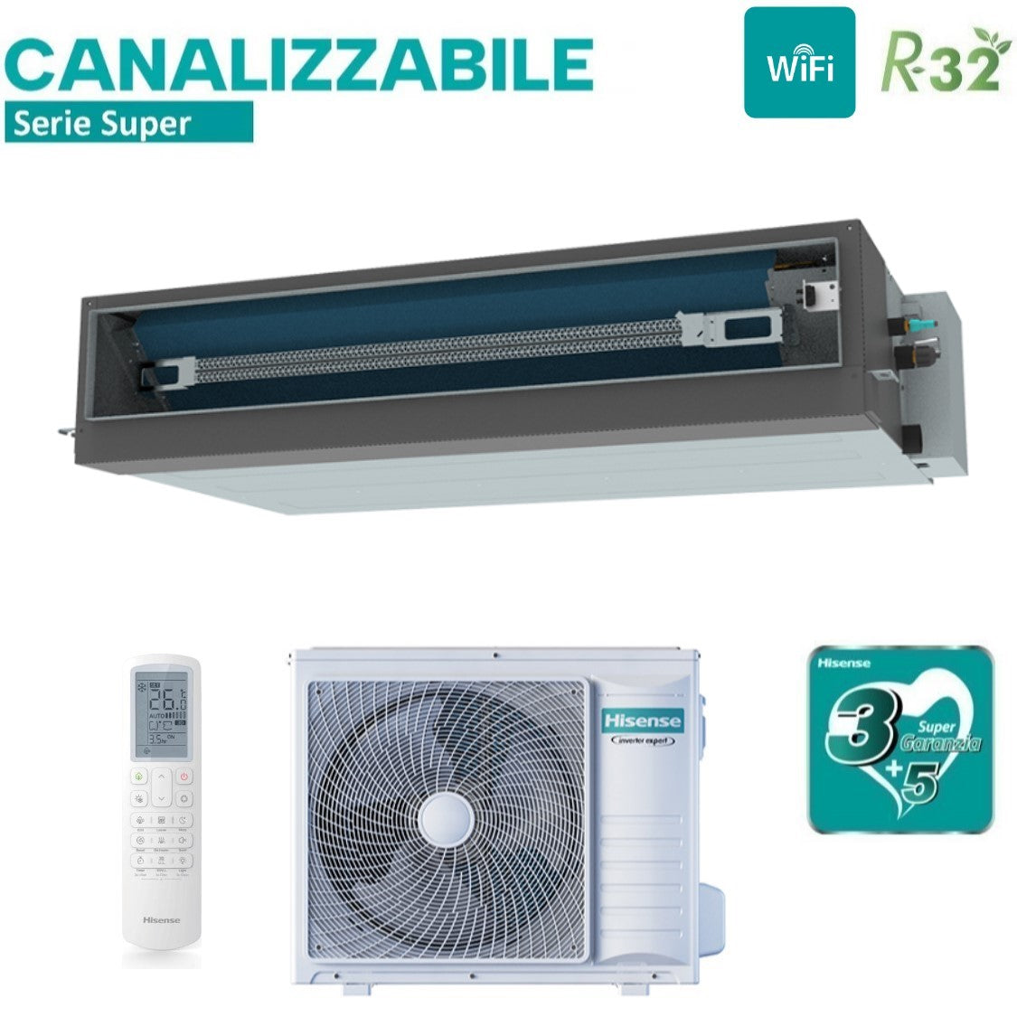 climatizzatore condizionatore hisense inverter canalizzato canalizzabile serie super 36000 btu aud105ux4reh8 _ auw105u4rk7 r 32 wi fi optional classe a__ a_ con telecomando e comando cablato di serie